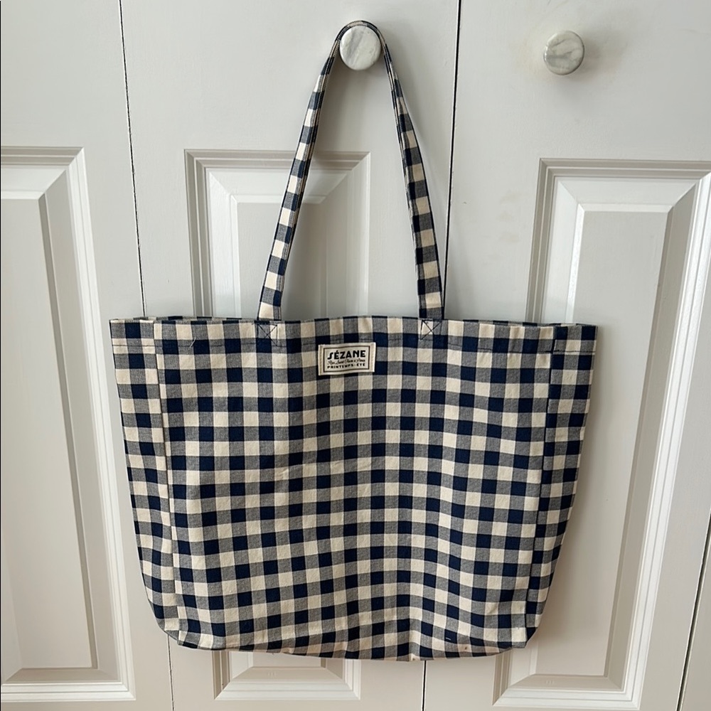 Sezane gingham navy tote bag